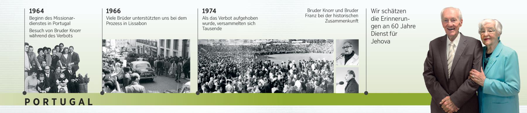Douglas Guest in Portugal 1964, bei Gericht 1966, bei einer Zusammenkunft 1974 und mit seiner Frau Mary Guest
