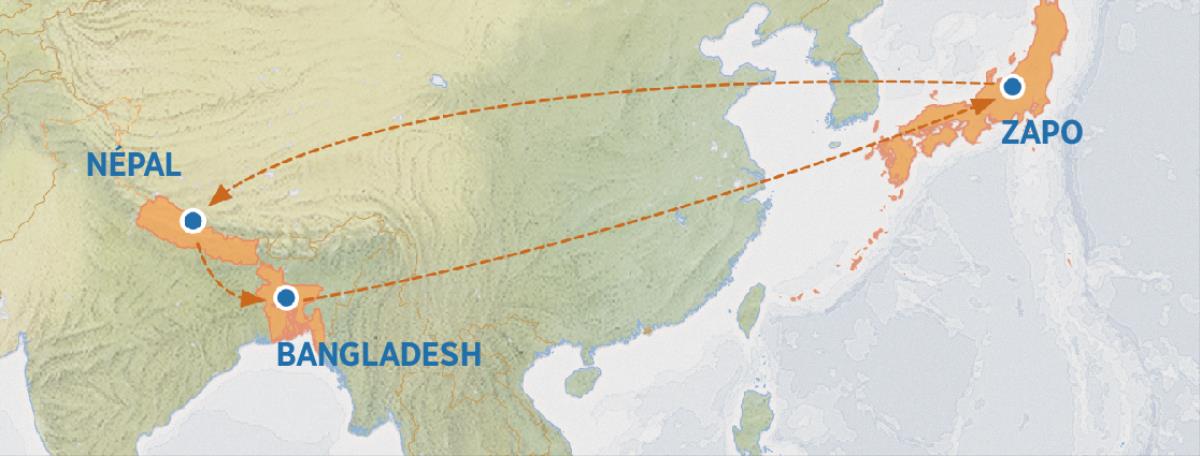 A map showing the route from Japan to Nepal, Bangladesh, and back to Japan