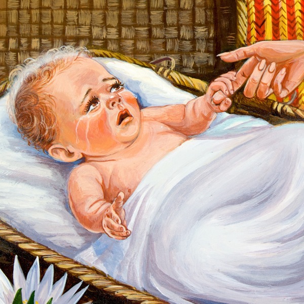 De kleine Mozes die in een mandje ligt en moet huilen