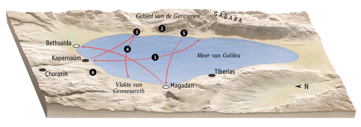 Kaart met plaatsen van Jezus’ bediening rond het Meer van Galilea