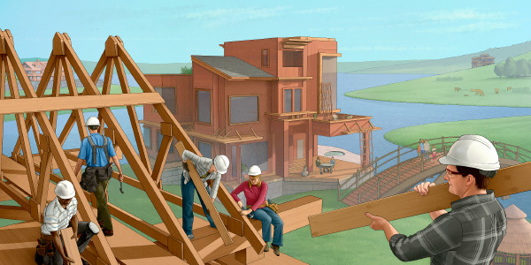 Personas construyendo casas en el Paraíso
