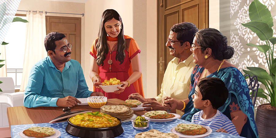 Una familia invita a otros a cenar en su casa.