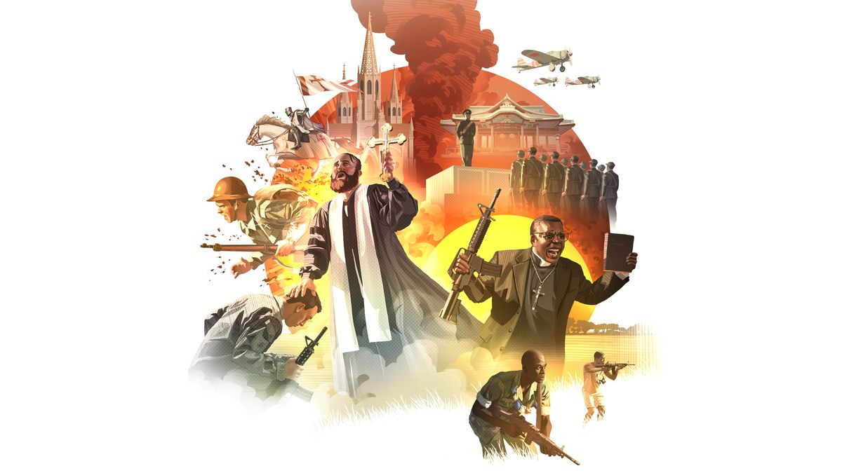 Fotos de una catedral y un templo oriental rodeados de escenas que ilustran cómo las religiones falsas han promovido la guerra durante siglos: 1. Las cruzadas. 2. La Primera Guerra Mundial. 3. Un sacerdote de la Iglesia ortodoxa bendiciendo a un soldado. 4. Un pastor africano promoviendo una guerra entre tribus. 5. Soldados japoneses adorando al emperador.