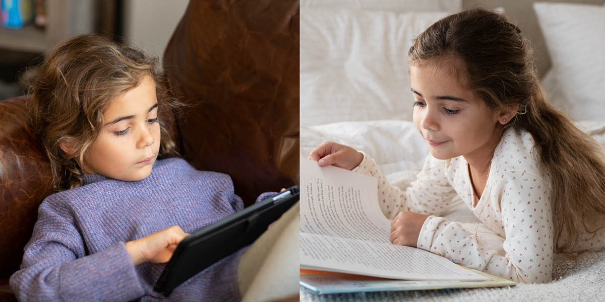 Serie de imágenes: 1. Una niña lee en una tablet. 2. La misma niña lee un libro.