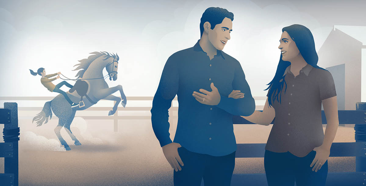 Unos padres conversan y no se dan ni cuenta de que su hija está a punto de caerse de un caballo.