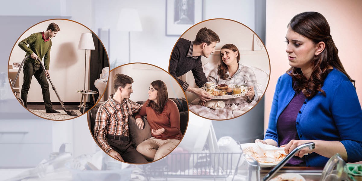 Una esposa muy ocupada piensa cómo su esposo la ayuda con las tareas del hogar, la escucha y la cuida cuando está enferma