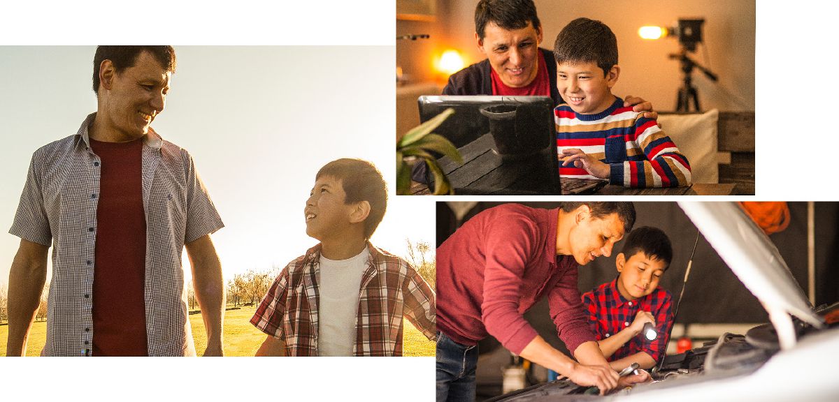 Un padre pasa tiempo con su hijo en el parque, en la computadora y reparando un vehículo