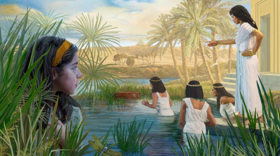 La joven Míriam escondida entre las cañas observando cómo la hija del faraón envía a su esclava a buscar la canasta en la que está el pequeño Moisés.