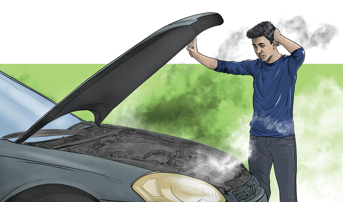Un joven mira el motor de su auto averiado