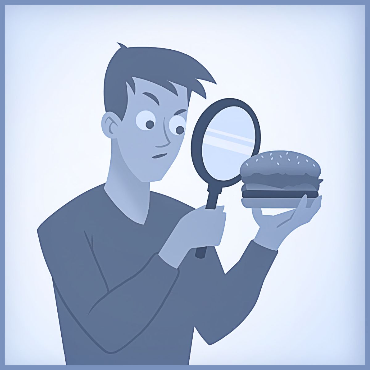Un joven mirando con una lupa una hamburguesa