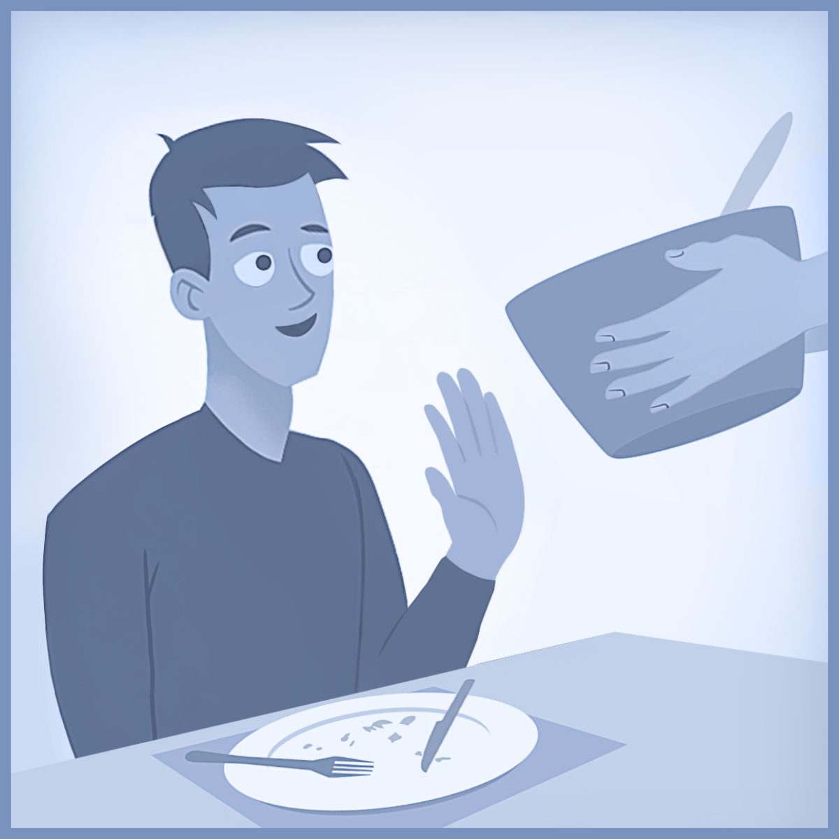 Un joven decidiendo no servirse más comida