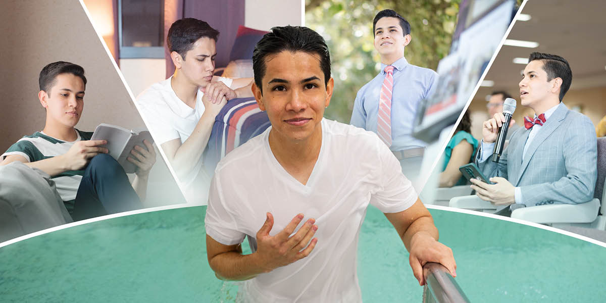 Un adolescente sale de la piscina donde se bautizó. Imágenes de algunas cosas que el mismo adolescente sigue haciendo después de bautizarse. 1. Lee la Biblia. 2. Ora. 3. Predica en el exhibidor. 4. Comenta en una reunión.