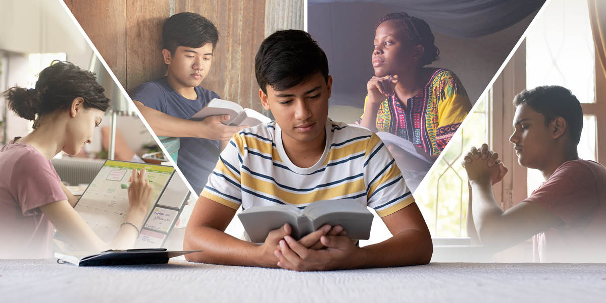 Un adolescente leyendo la Biblia. Serie de imágenes: 1. Una adolescente anota en un calendario cuándo leerá la Biblia. 2. Un adolescente sentado en un lugar tranquilo leyendo la Biblia. 3. Una adolescente reflexiona en lo que está leyendo en la Biblia. 4. Un adolescente orando.