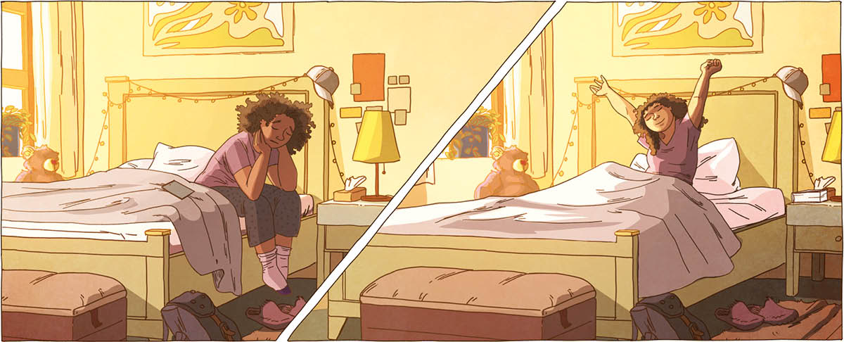 Comparación de dos imágenes de una adolescente por la mañana. 1. Está sentada en la cama y le está costando mucho levantarse. 2. Se sienta en la cama y se estira feliz.