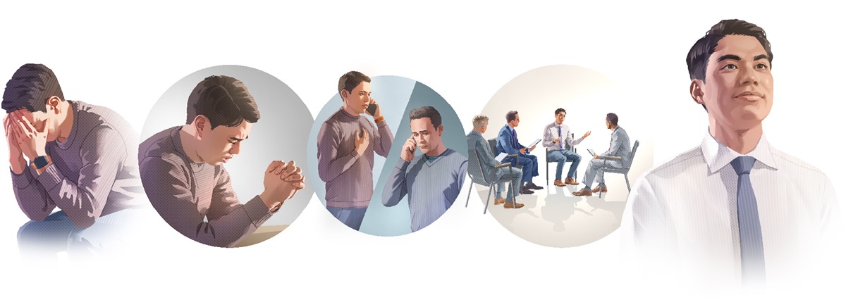 Fotos: 1. Un hermano muy angustiado cubriéndose la cara con las manos. 2. El hermano orándole a Jehová. 3. El hermano hablando con un anciano por teléfono. 4. El hermano reunido con tres ancianos en el Salón del Reino. 5. El hermano sonriendo porque su conciencia ha quedado limpia.