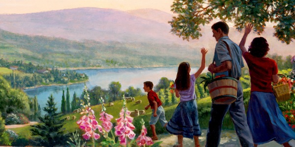 Una familia caminando feliz por lugares tranquilos y agradables