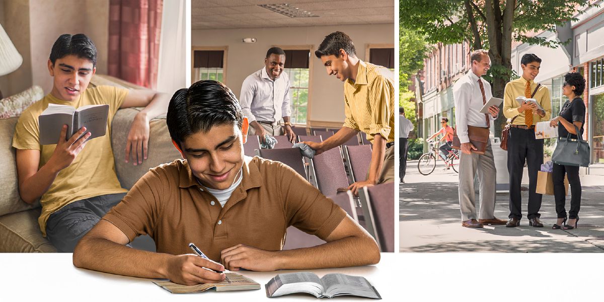 Un joven estudia y lee la Biblia, limpia el Salón del Reino y predica