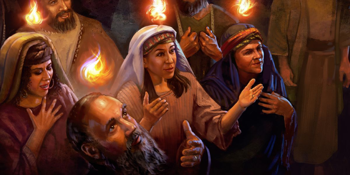 Un grupo de cristianos con “lenguas de fuego” sobre sus cabezas durante el Pentecostés del año 33