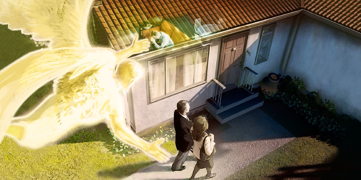 Un ángel vuela sobre dos cristianos que se acercan a una casa donde hay un hombre orando