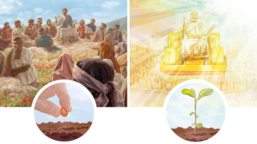 Serie de imágenes: 1. Jesús enseñando a una gran multitud. En el detalle central, se ve a alguien plantando una semilla. 2. Jesús y los 144.000 sentados en tronos en el cielo. En el detalle central, se ve un pequeño brote.