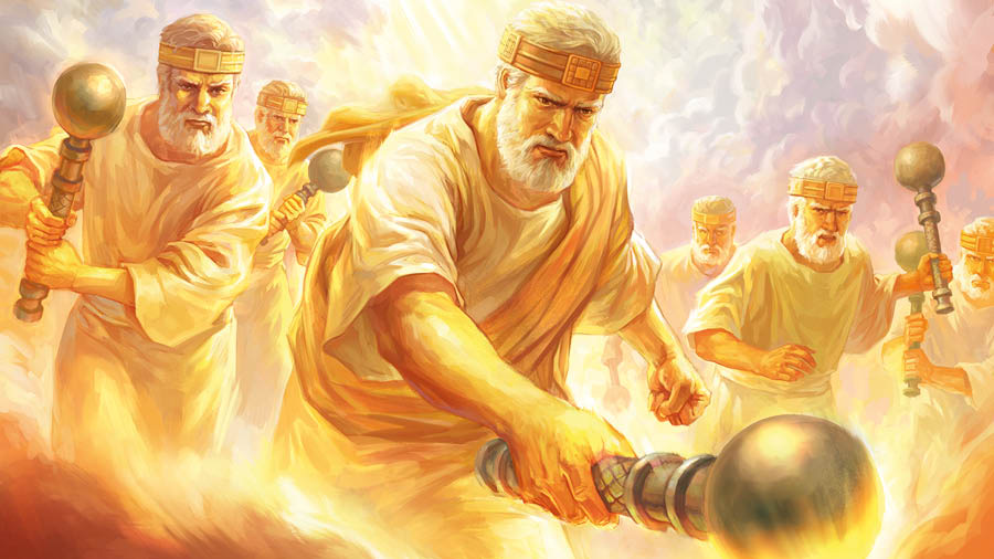 Jesús y algunos de los ungidos resucitados llevan en la mano varas de hierro.