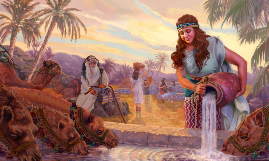 Rebeca da de beber a los camellos del siervo de Abrahán