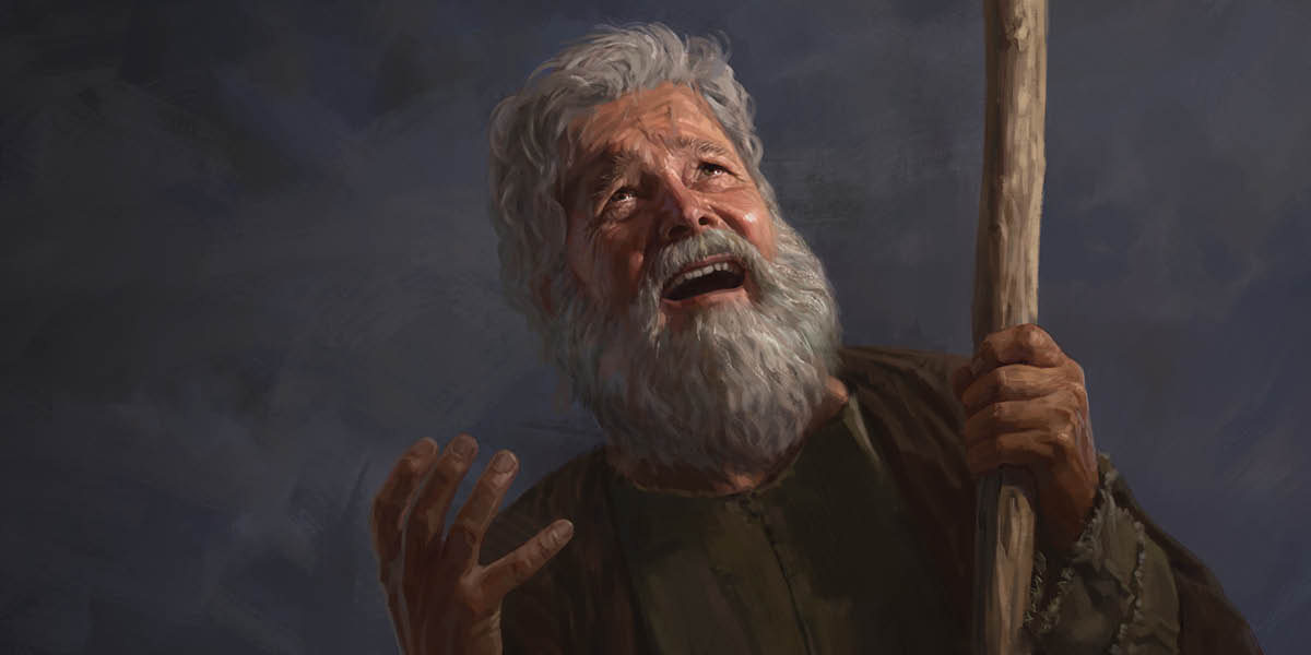 El profeta Moisés mirando angustiado al cielo le ora a Dios.