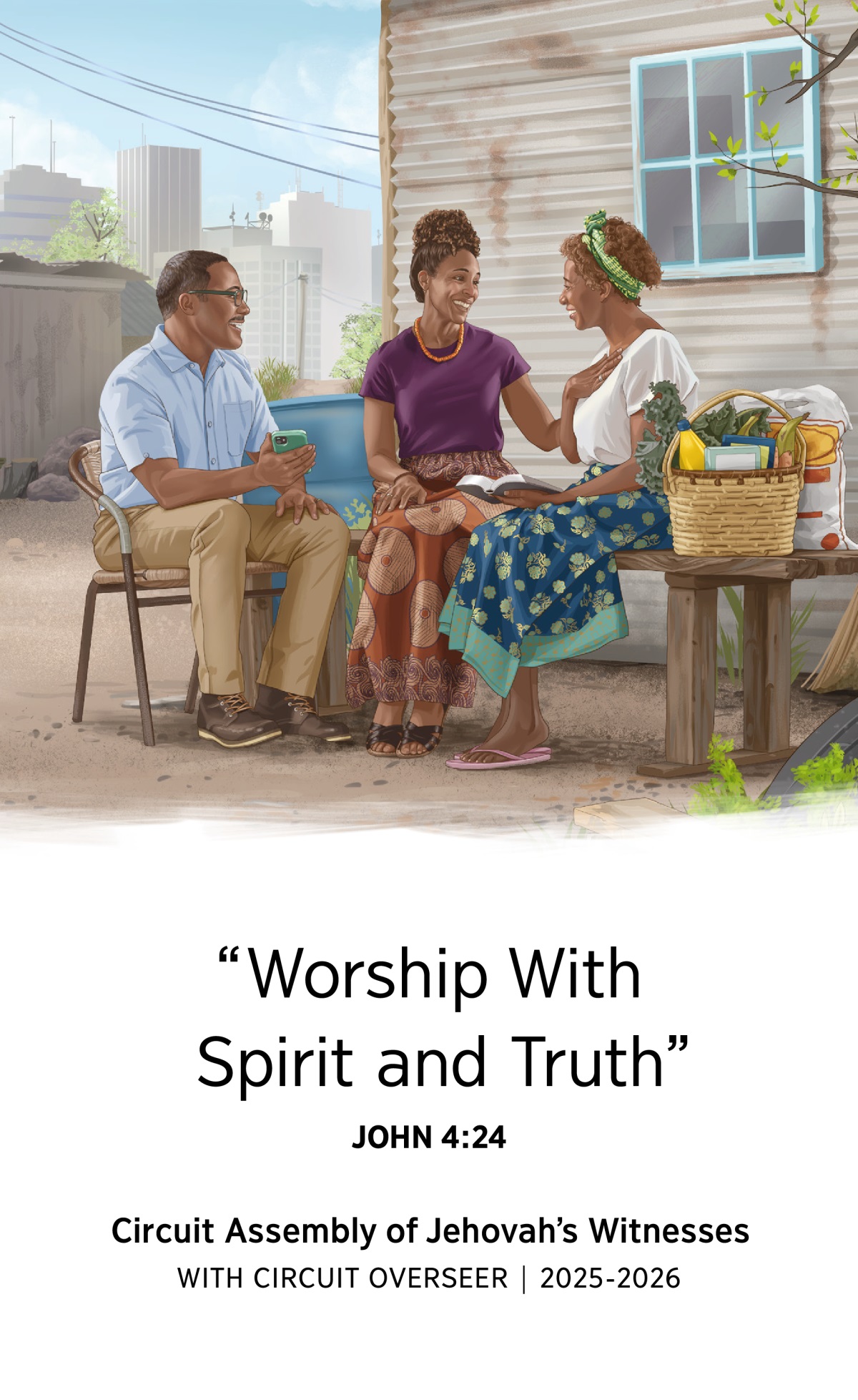 A sister who lives in a modest home in a large city joyfully receiving Scriptural encouragement from a Witness couple who brought her some food and other provisions.