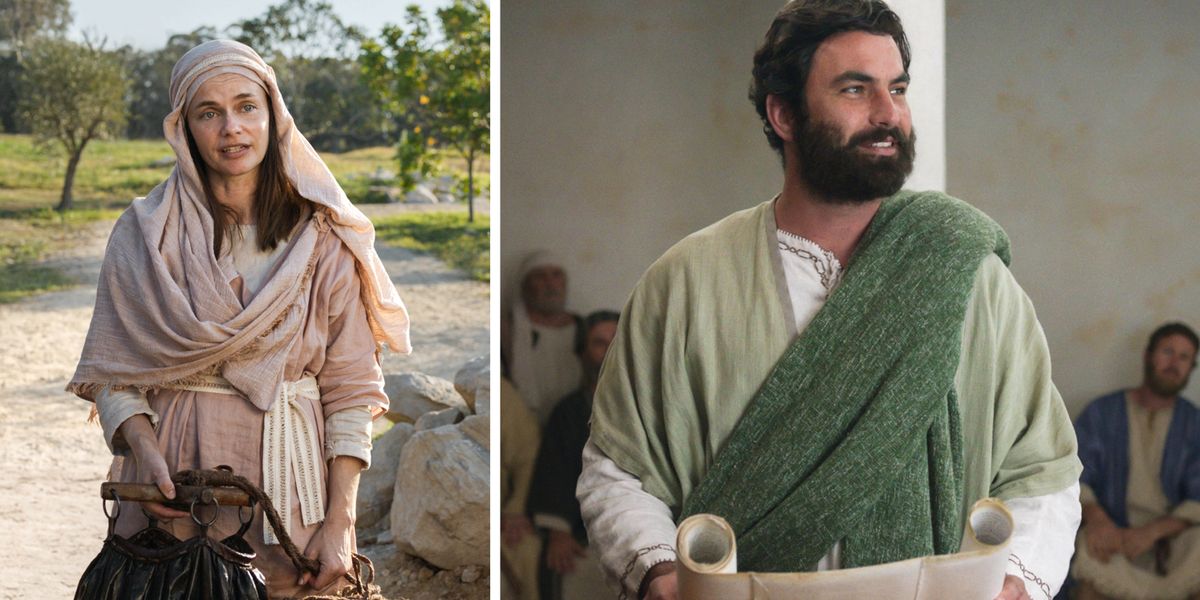 Collage: Highlights of Sunday’s program. 1. A Samaritan woman at a well. 2. Jesus holds an open scroll as he speaks in a synagogue.