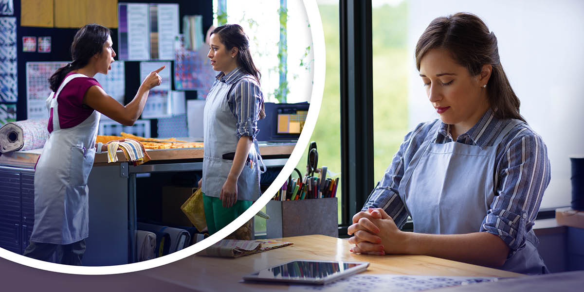 Collage: 1. A woman calmly listens as her coworker shouts angrily at her. 2. Later, the woman prays at her desk.