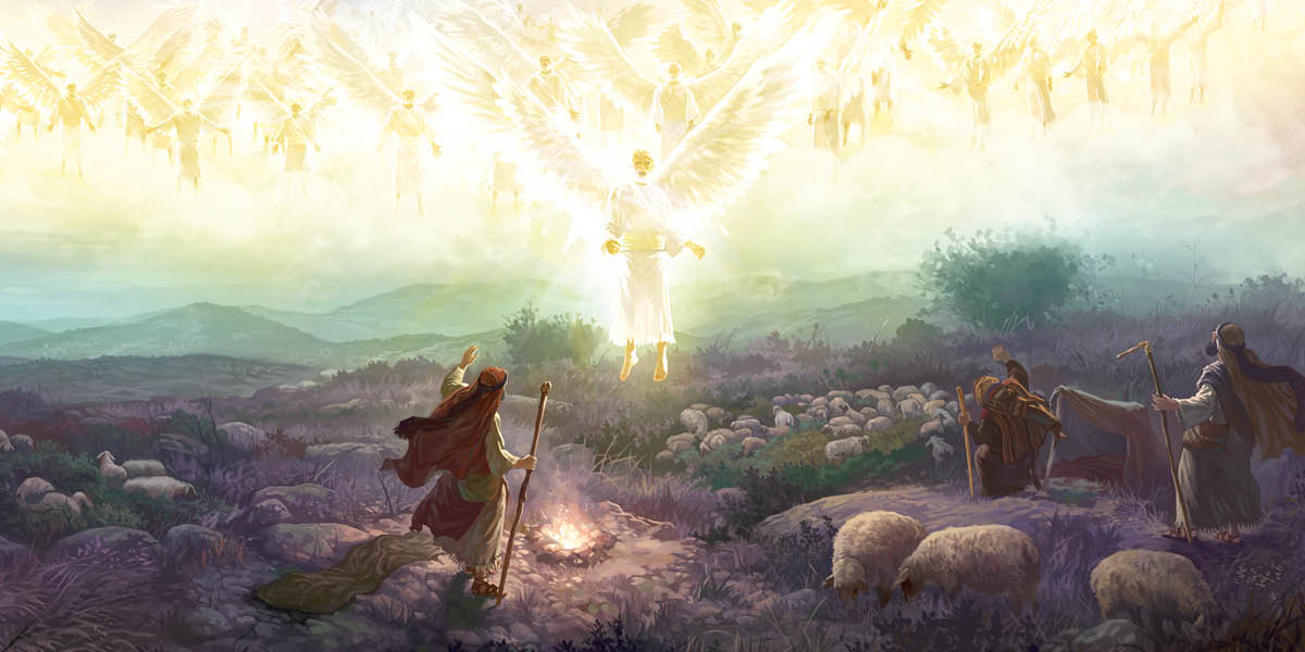 Angels proclaiming a message to shepherds who are watching over their flocks at night.
