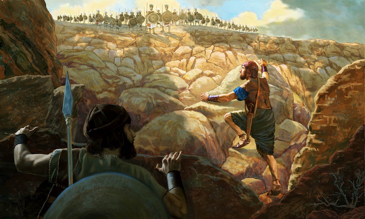 Jonathan and his armor-bearer charge up a steep slope toward an outpost of armed enemies