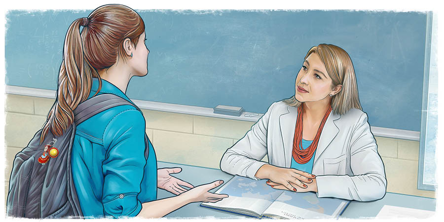 Maria talking with her teacher after class.