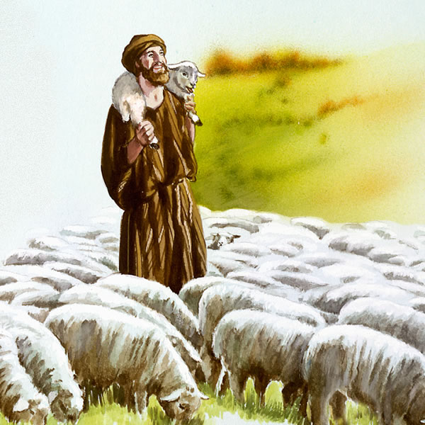 A shepherd rejoices over finding his lost sheep as he carries it on his shoulders