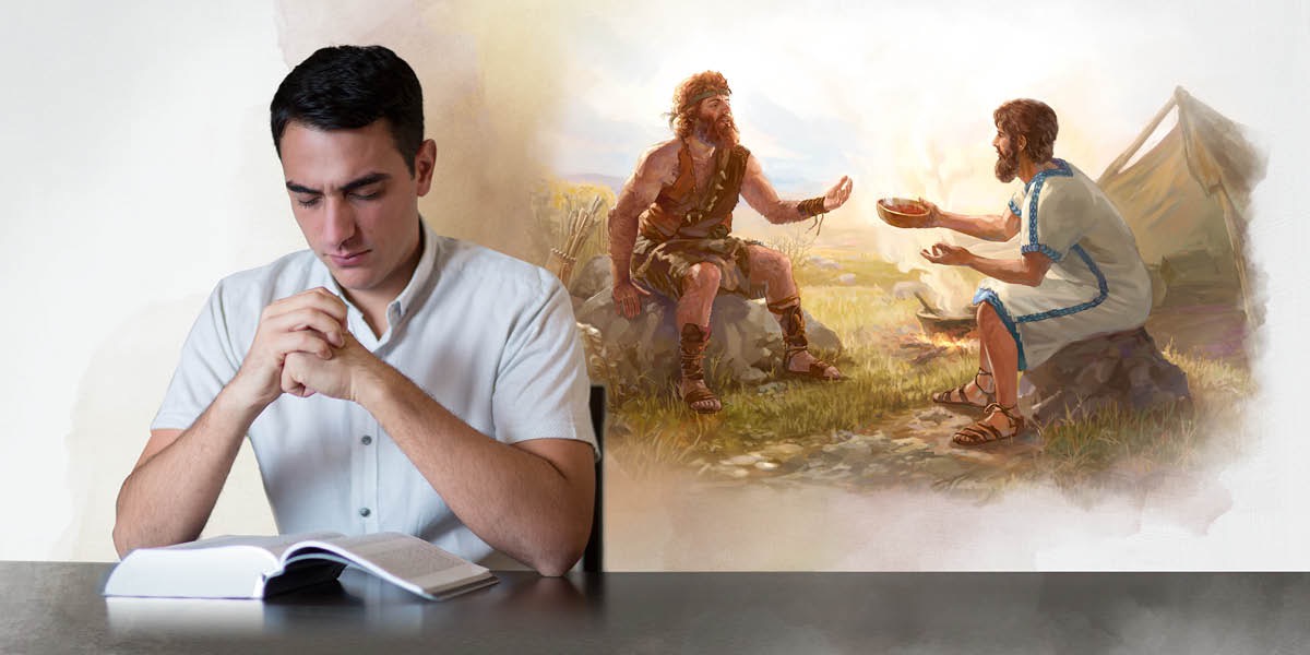 A brother meditating on what he just read in the Bible. He is imagining Esau selling his birthright to Jacob in exchange for a bowl of lentil stew.