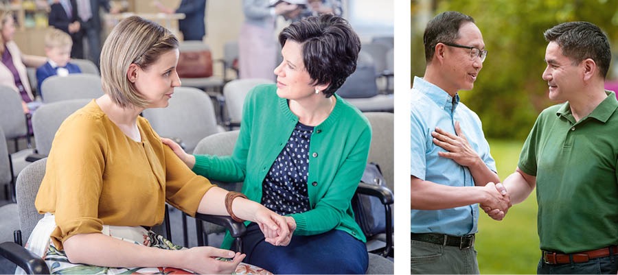 Collage: 1. Two sisters having a conversation at a Kingdom Hall. 2. Two brothers shaking hands.
