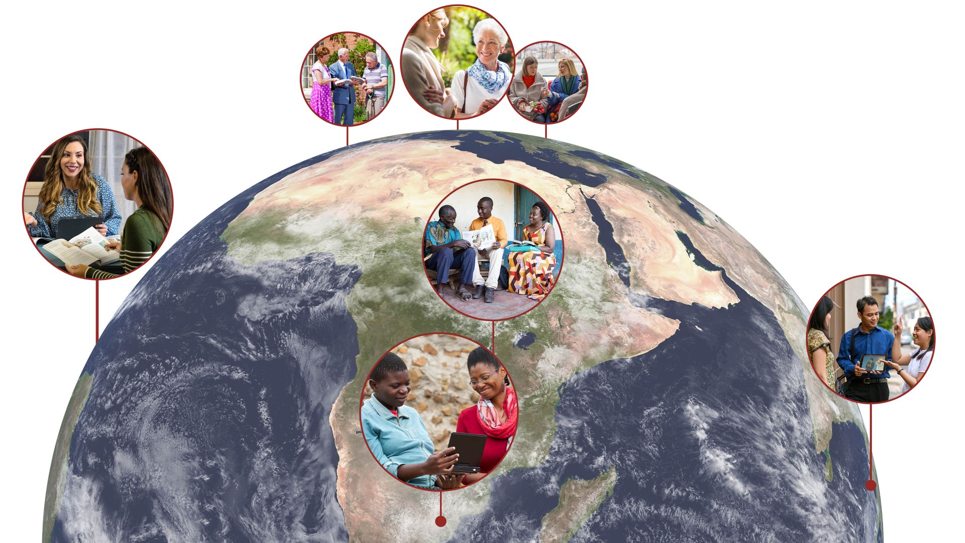 Collage: Brothers and sisters participating in the ministry all over the world. 1. A sister conducts a Bible study with a woman using the “Enjoy Life Forever!” book. 2. A couple read the Bible to a man in the house-to-house ministry. 3. A sister preaches to a woman. 4. A sister on a bus gives a jw.org contact card to a woman sitting next to her. 5. A couple conduct a Bible study with a man using the “Enjoy Life Forever!” brochure. 6. A sister shows a video to a woman. 7. A couple preaches to a woman using sign language and a video.