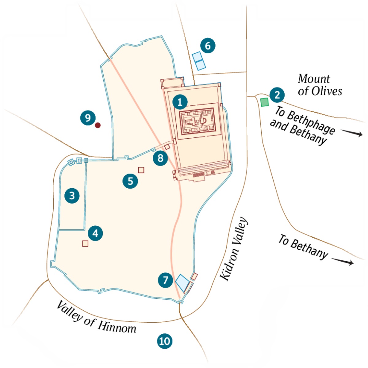 A map of Jerusalem and the surrounding area. Known and possible locations are listed. 1. Temple. 2. Garden of Gethsemane. 3. Governor’s palace. 4. House of Caiaphas. 5. Palace used by Herod Antipas. 6. Pool of Bethzatha. 7. Pool of Siloam. 8. Sanhedrin Hall. 9. Golgotha. 10. Akeldama.
