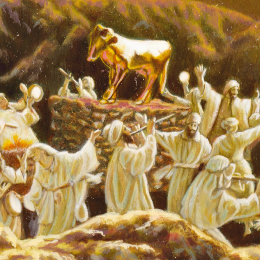 People sing and dance around a golden calf