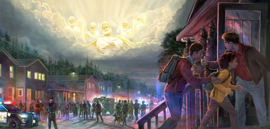 Jesus and angels watching from heaven as police and military personnel surround a neighborhood. A brother is helping two fellow Witnesses into a house.