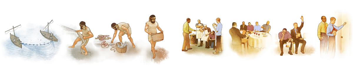 1. A dragnet catches fish of every kind, and the fine ones are collected into a vessel; 2. A Kingdom publisher witnesses to a group of men, but only one of them takes a stand for Jehovah