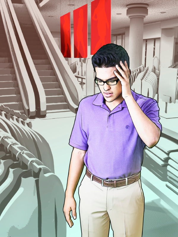 A young man in a clothing store has wrong thoughts and says a prayer