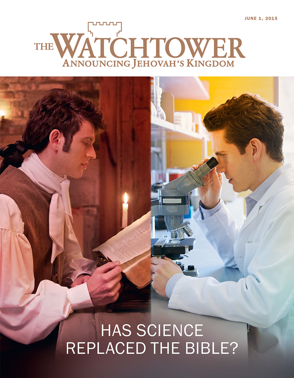 A man reading the Bible long ago; a modern-day scientist looking in a microscope