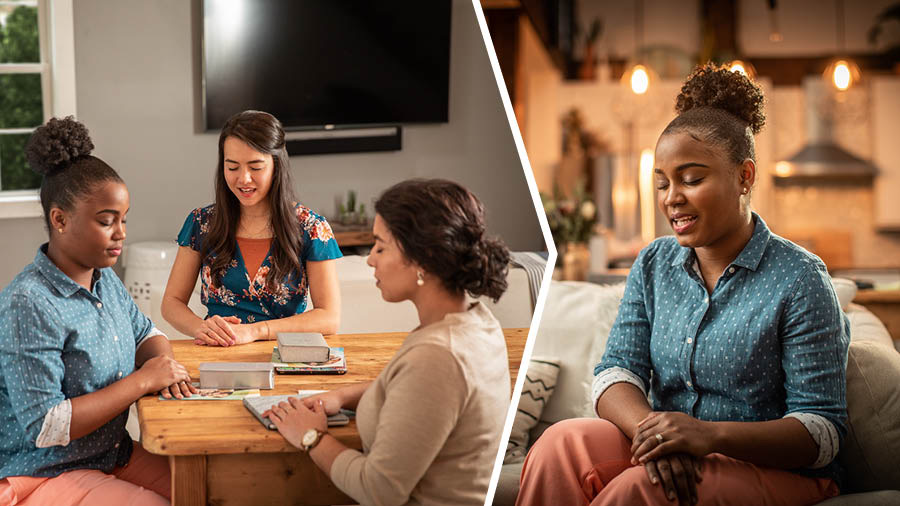 Collage: 1. The sister prays before beginning the study session with the student. 2. Later, the Bible student prays on her own.