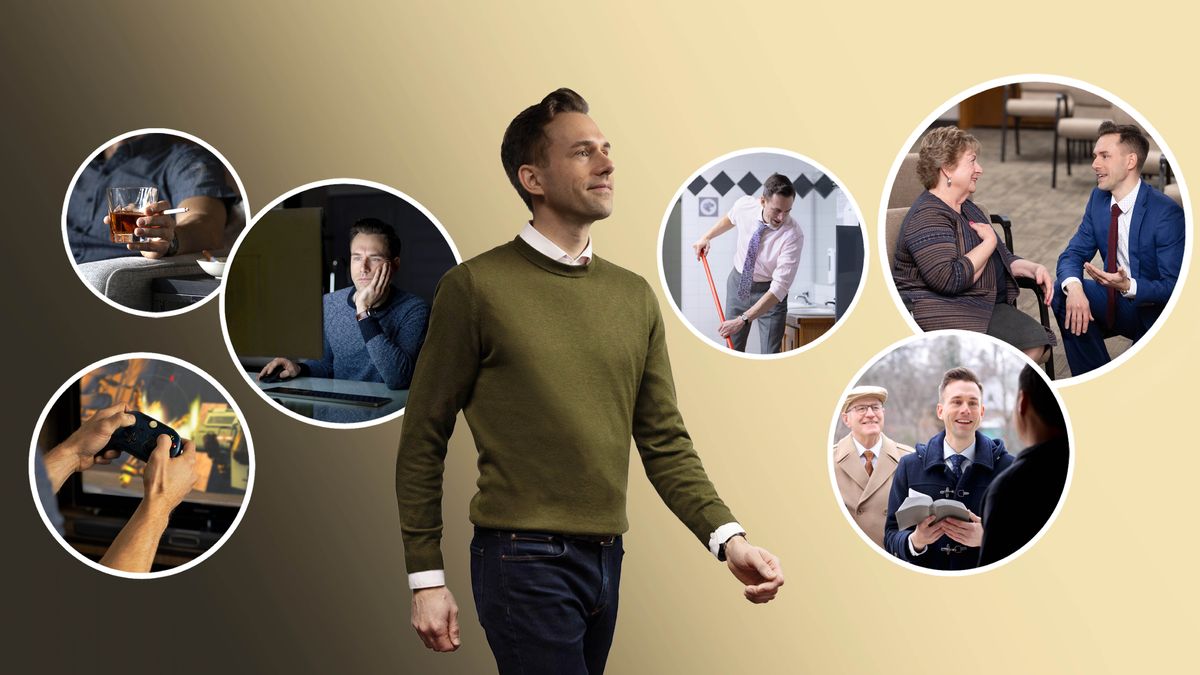A brother walking confidently. Collage: Scenes contrasting what he used to do with what he is doing now. Mistakes he made in the past: 1. Played violent video games. 2. Overdrank and smoked. 3. Viewed inappropriate content on his computer. What he is doing now: 1. Cleaning the Kingdom Hall. 2. Talking with an elderly sister. 3. Participating in the field ministry.