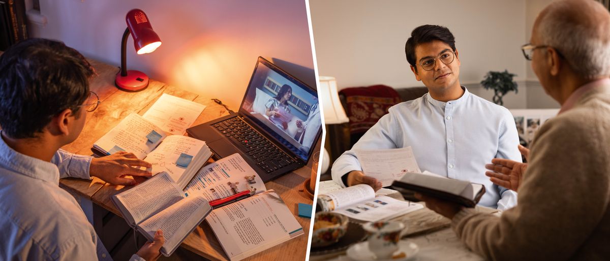 Collage: 1. A brother uses the Bible, lesson 39 of the “Enjoy Life Forever!” book, and the video “How to Make Health-Care Decisions Regarding Blood” to help him fill out his durable power of attorney. 2. Later, he listens to a mature brother who is discussing a scripture with him.