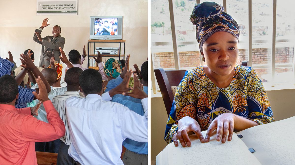 Collage: 1. Brothers and sisters sign a Kingdom song at a sign-language congregation meeting. 2. A blind sister reads the Bible in braille.