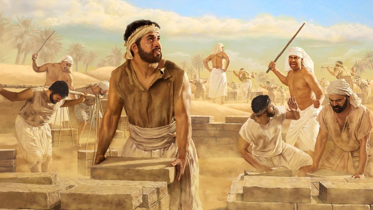 An Israelite man reflecting as he stacks bricks in Egypt. Nearby, Egyptians use rods to beat other hardworking Israelites.