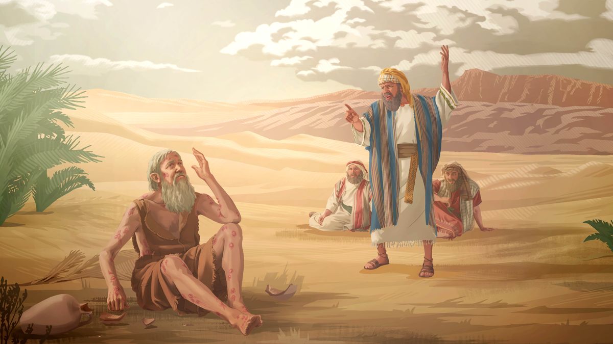 One of Job’s companions speaking harshly to him while the other two companions observe. Job, covered in boils, painfully listens to the counsel as he sits on the ground.