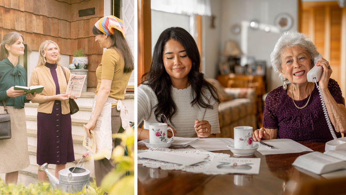 Collage: A sister serving Jehovah faithfully for many years. 1. Decades ago, the young sister speaks with a woman in the house-to-house ministry. 2. The sister, now elderly, participates in telephone witnessing with a younger sister.
